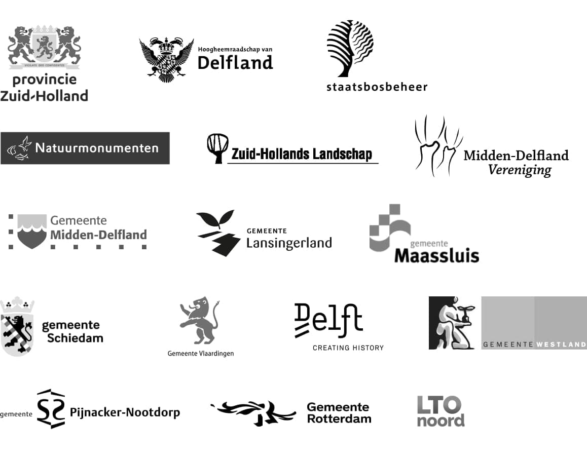 Partner logo's van links naar rechts in 5 rijen. Provincie Zuid-Holland, Hoogheemraadschap van Delfland, Staatsbosbeheer, Natuurmonumenten, Zuid-Hollands Landschap, Midden-Delfland vereniging, Gemeente Midden-Delfland, Gemeente Lansingerland, Gemeente Maassluis, Gemeente Schiedam, Gemeente Vlaardingen, Gemeente Delft, Gemeente Westland, Gemeente Pijnacker-Nootdorp, Gemeente Rotterdam en LTO Noord.